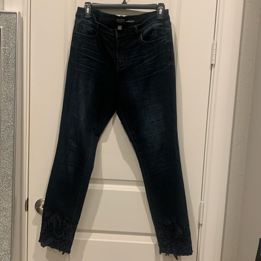 New York & Co, Soho Jeans. Size 10. Cute lace flower embroidery at the ankle.